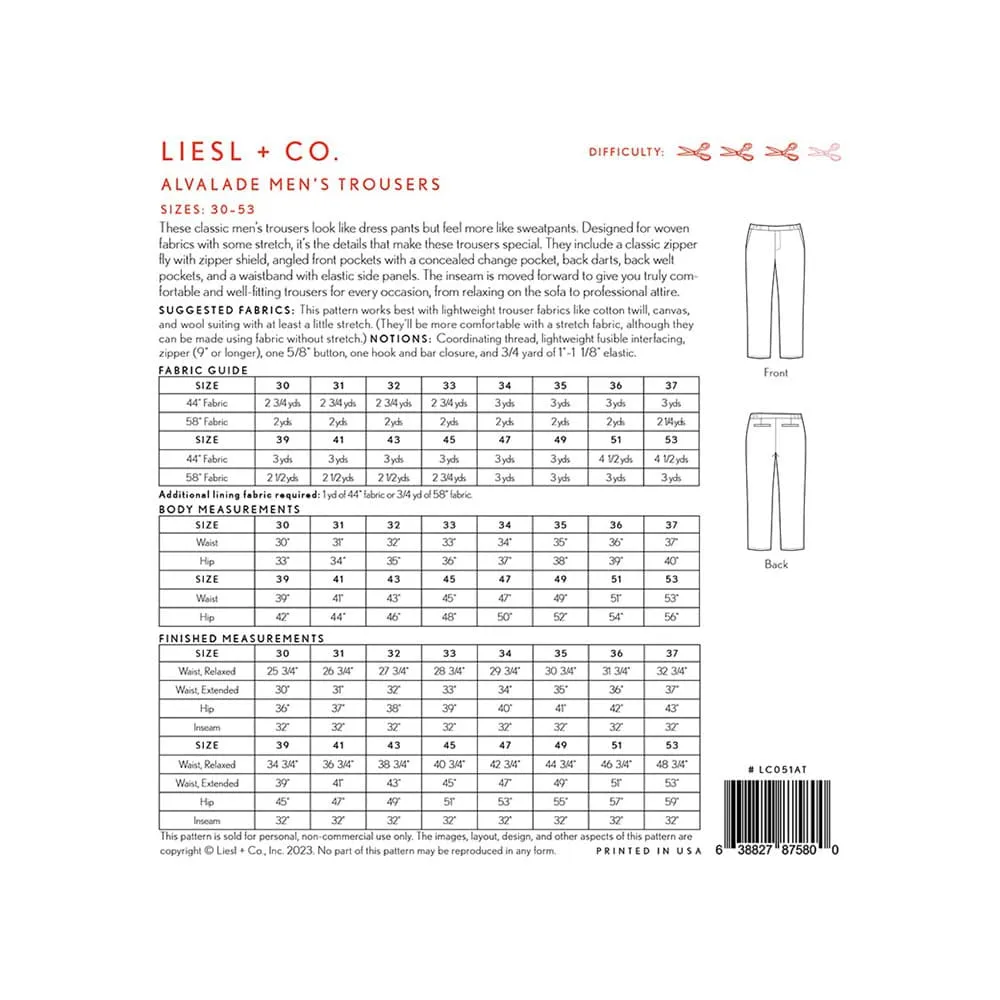 Alvalade Mens Trousers Pattern, Liesl & Co.