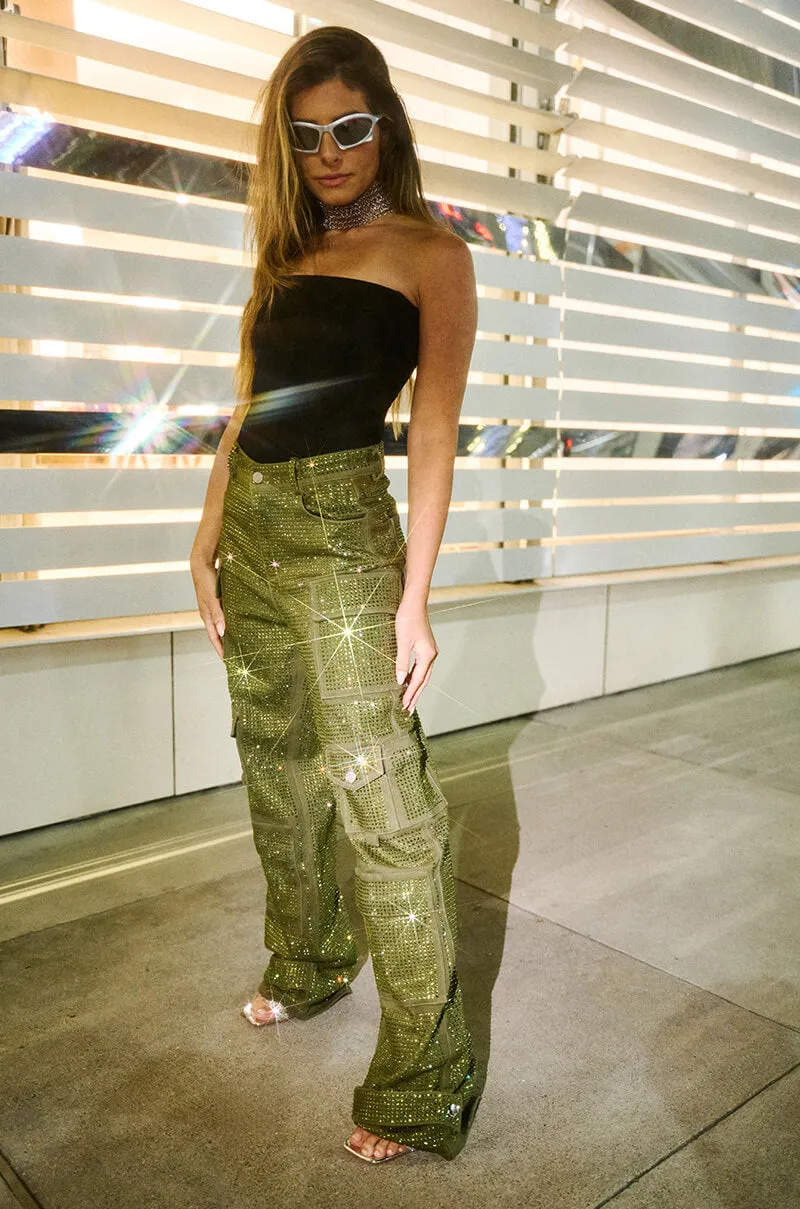 AMMO BONNE SOIREE RHINESTONE CARGO PANTS IN OLIVE