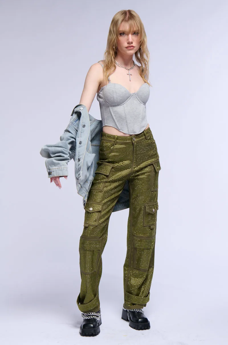 AMMO BONNE SOIREE RHINESTONE CARGO PANTS IN OLIVE