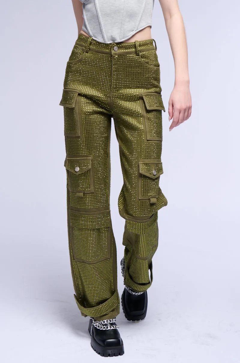 AMMO BONNE SOIREE RHINESTONE CARGO PANTS IN OLIVE