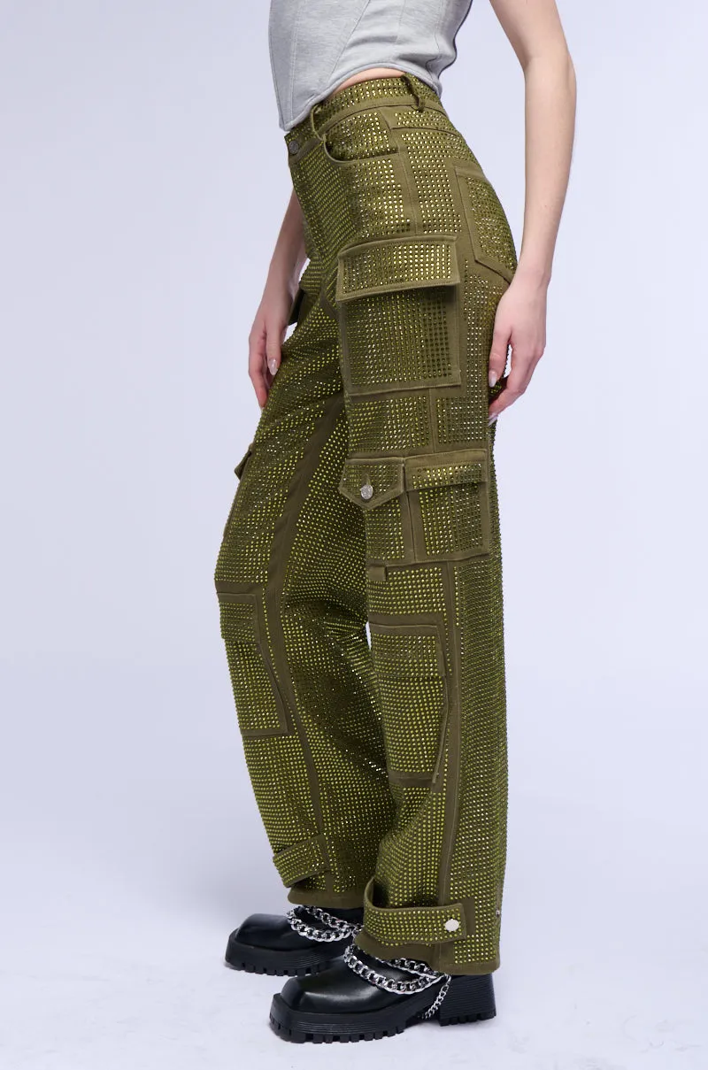 AMMO BONNE SOIREE RHINESTONE CARGO PANTS IN OLIVE