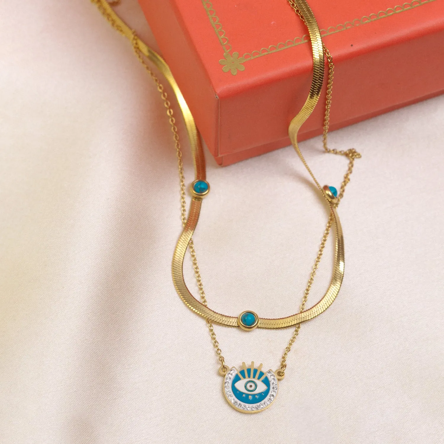 Artklim Gold Plated Double Layered Evil Eye Pendant Necklace