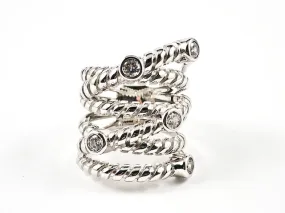 Beautiful Large Textured Multi Layer Pattern With Bezel CZ Silver Ring