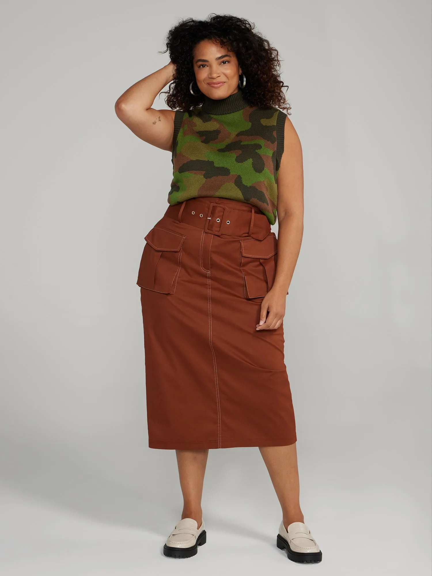 Belted Cargo Midi Skirt