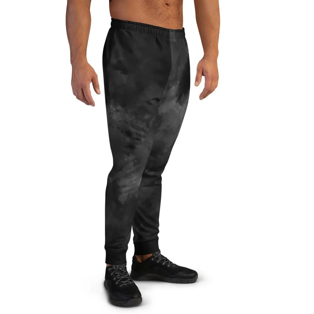 Black Abstract Men's Joggers, Clouds Print Premium Best Men's Sweatpants- Made in EU