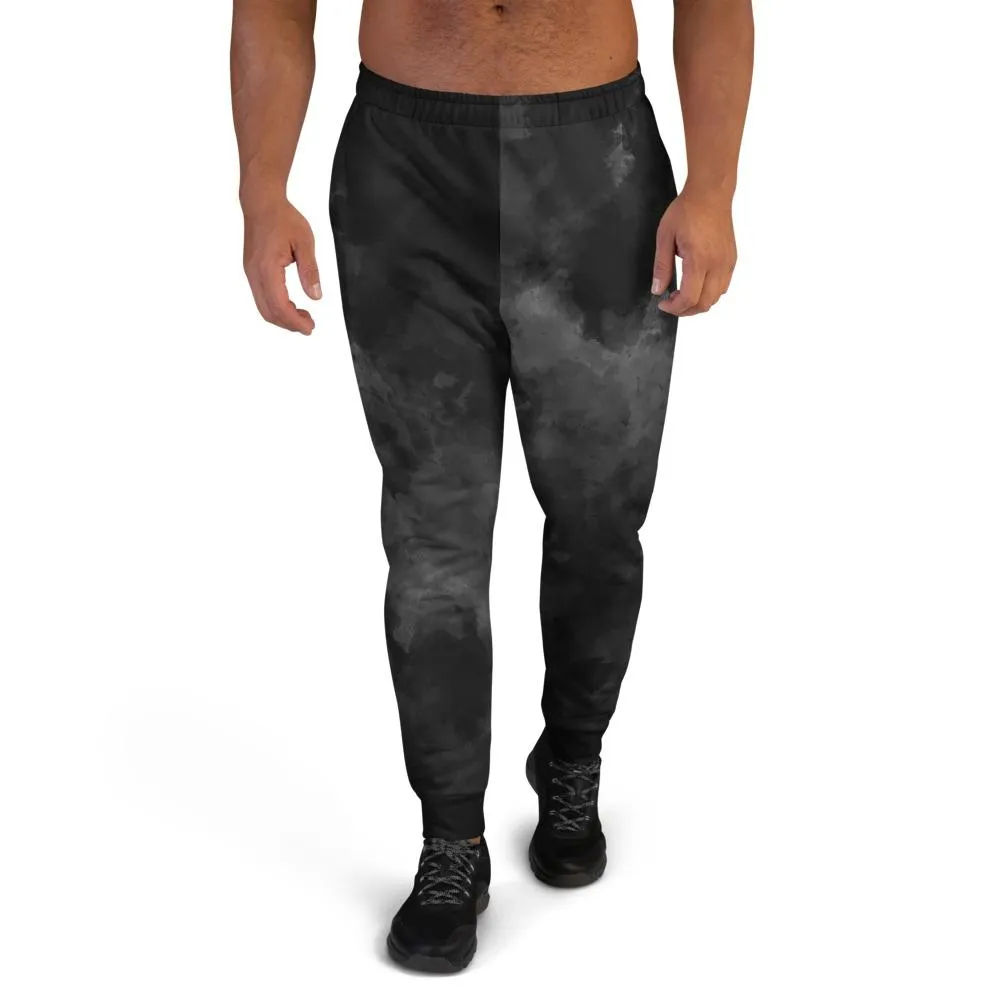 Black Abstract Men's Joggers, Clouds Print Premium Best Men's Sweatpants- Made in EU