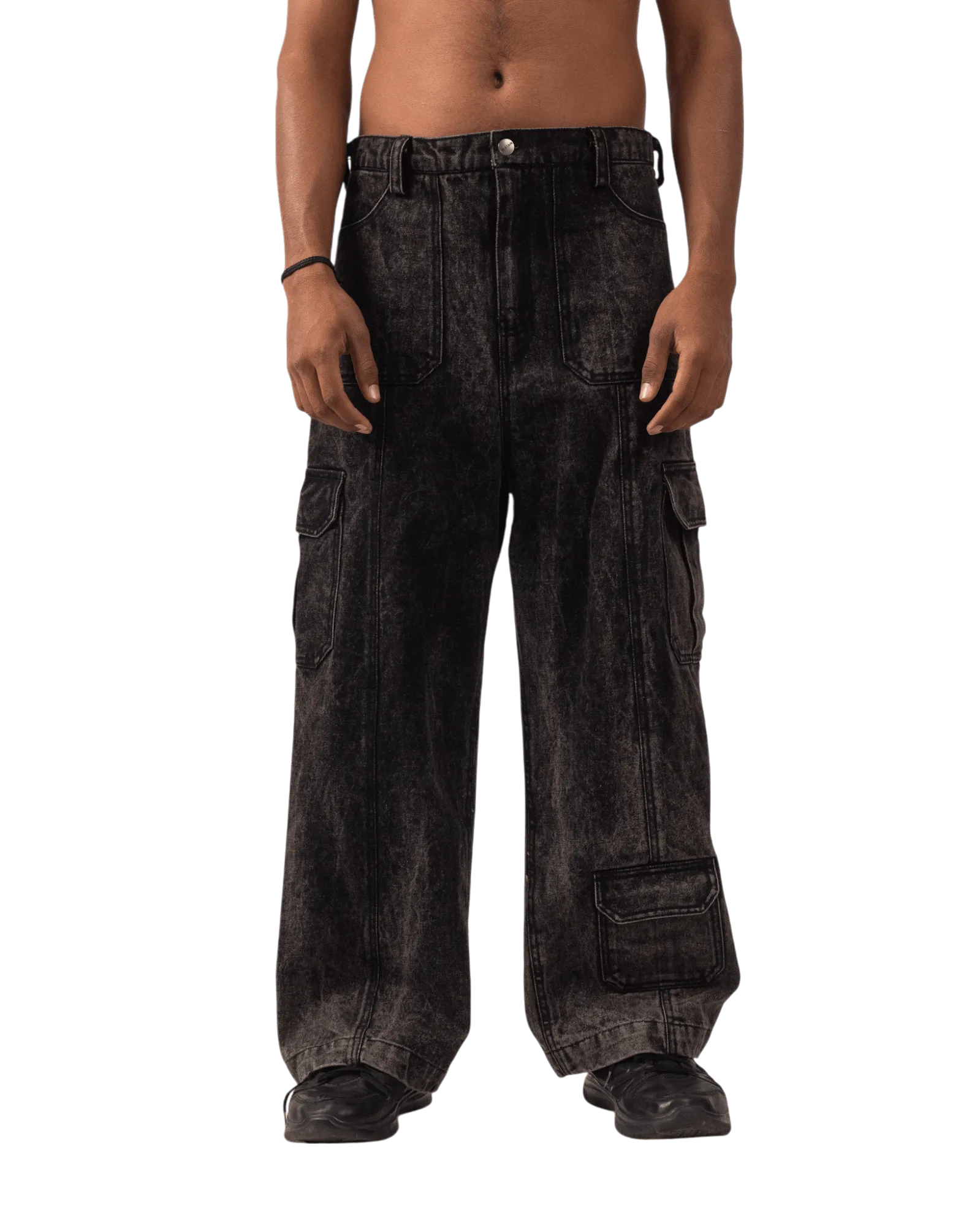 BLACK ACID WASH CARGO PANTS