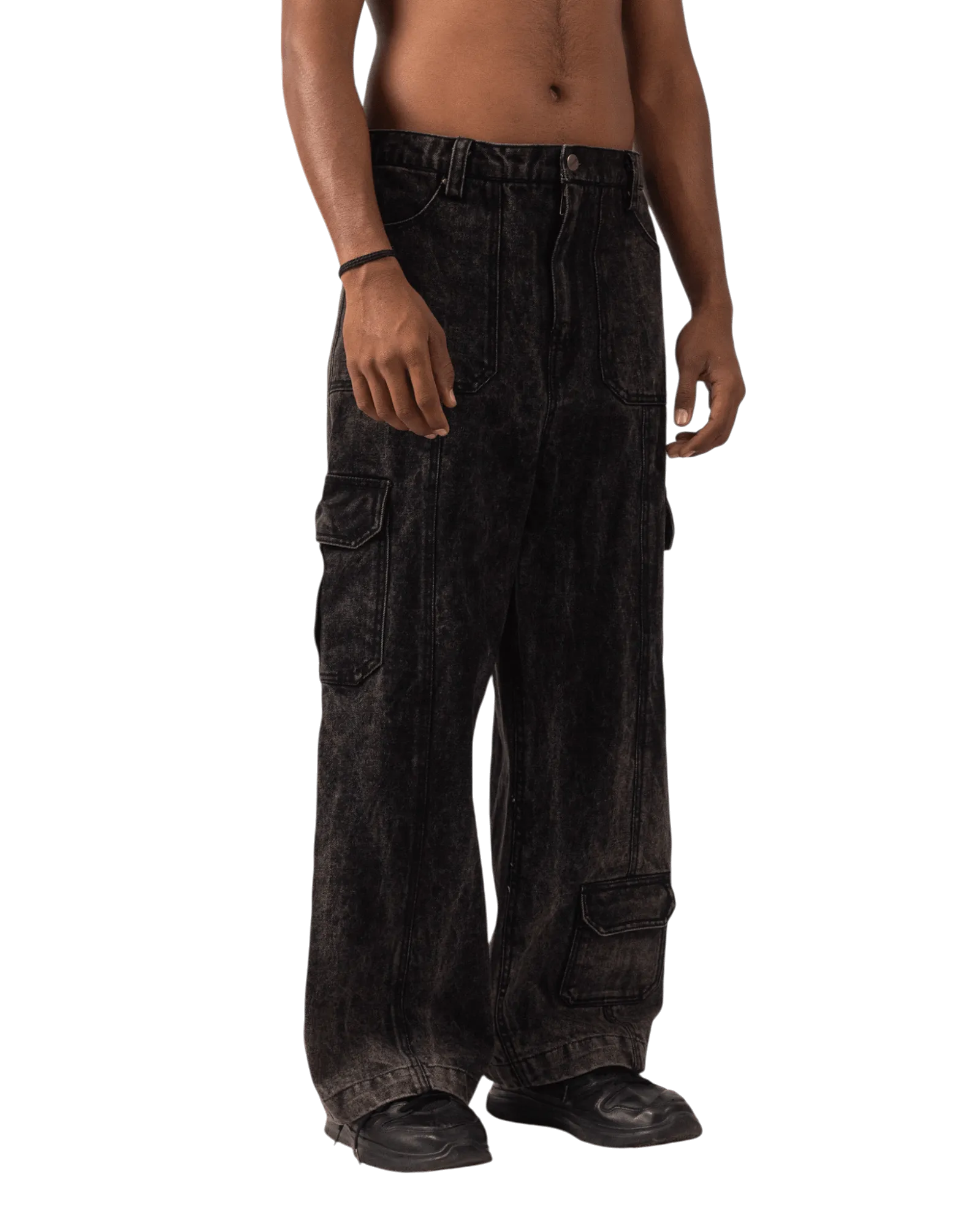 BLACK ACID WASH CARGO PANTS