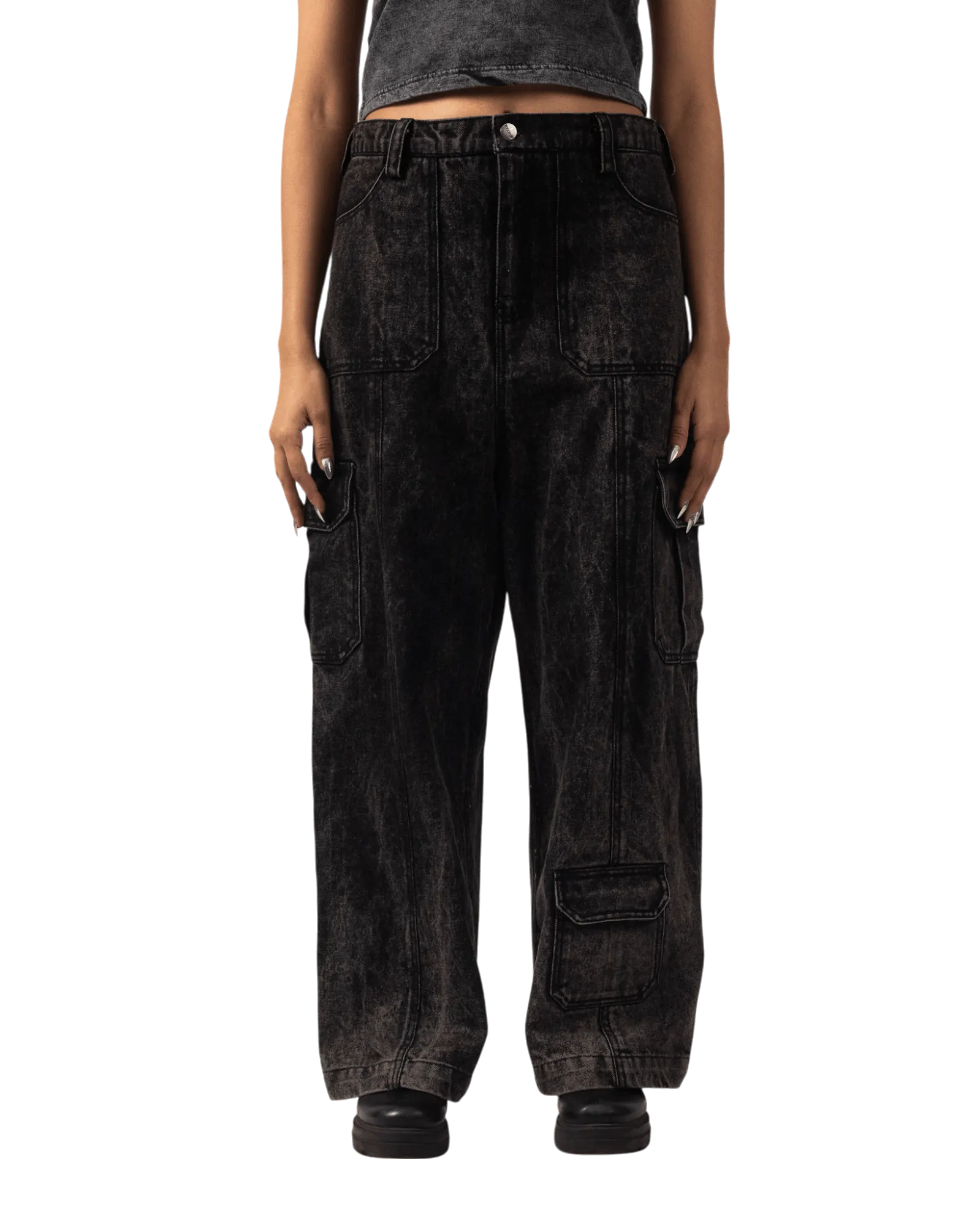 BLACK ACID WASH CARGO PANTS