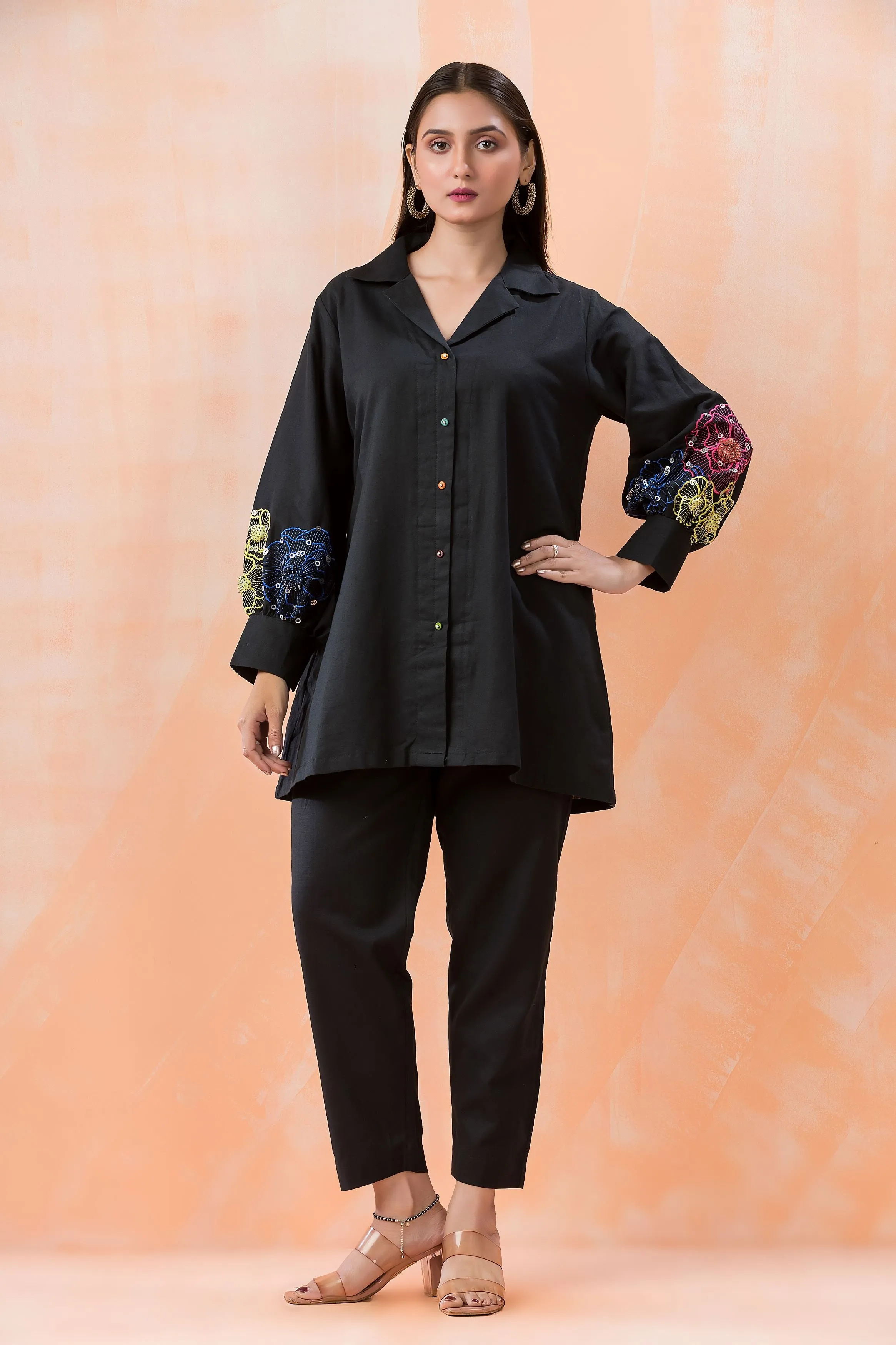 Black Embroidered Premium Cotton Co-Ord  Set