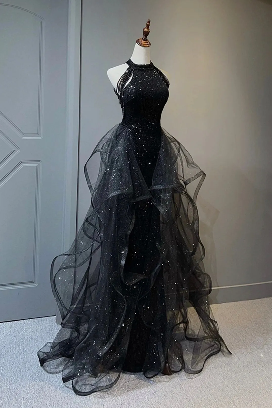 Black Shiny Tulle Long Party Dress with Beaded, Black Evening Dress