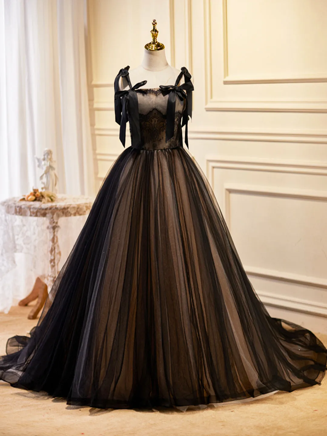 Black Tulle Lace Long Prom Dress, Black Evening Party Dress