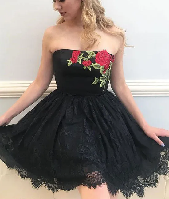 Black tulle lace short prom dress, black homecoming dress