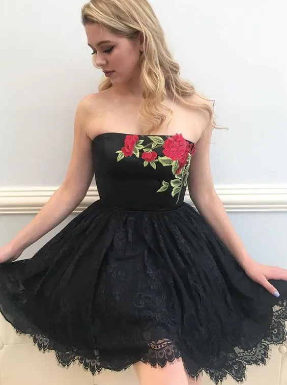 Black tulle lace short prom dress, black homecoming dress