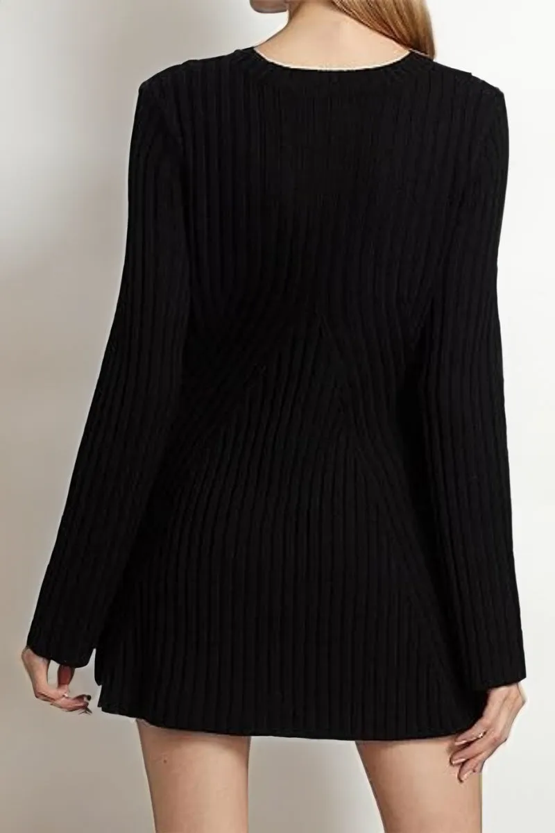 Black Versatile Knit Crew Neck Cuff Slit Rib Long Sleeve Slim Sweater Dress