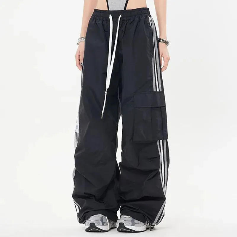 Bonnyshow 1 Y2K Kpop Cargo Pant Women Drawstring Pockets Wide Leg Chic Punk Pants Baggy Striped Sports Sweatpants Parachute Jogger Trousers