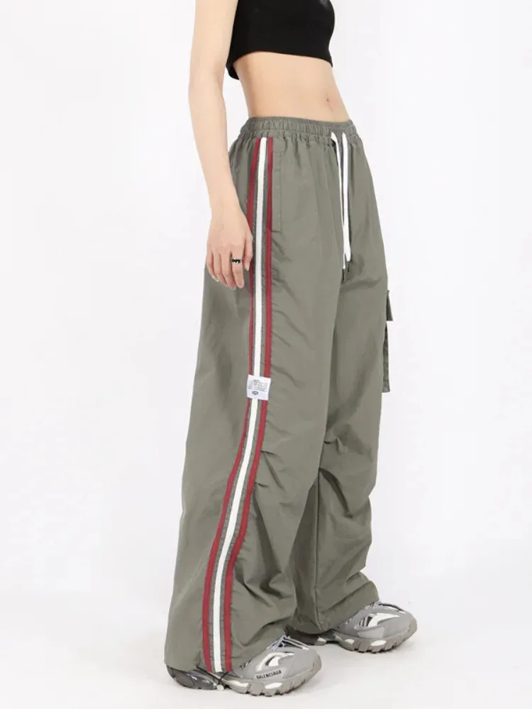 Bonnyshow 1 Y2K Kpop Cargo Pant Women Drawstring Pockets Wide Leg Chic Punk Pants Baggy Striped Sports Sweatpants Parachute Jogger Trousers