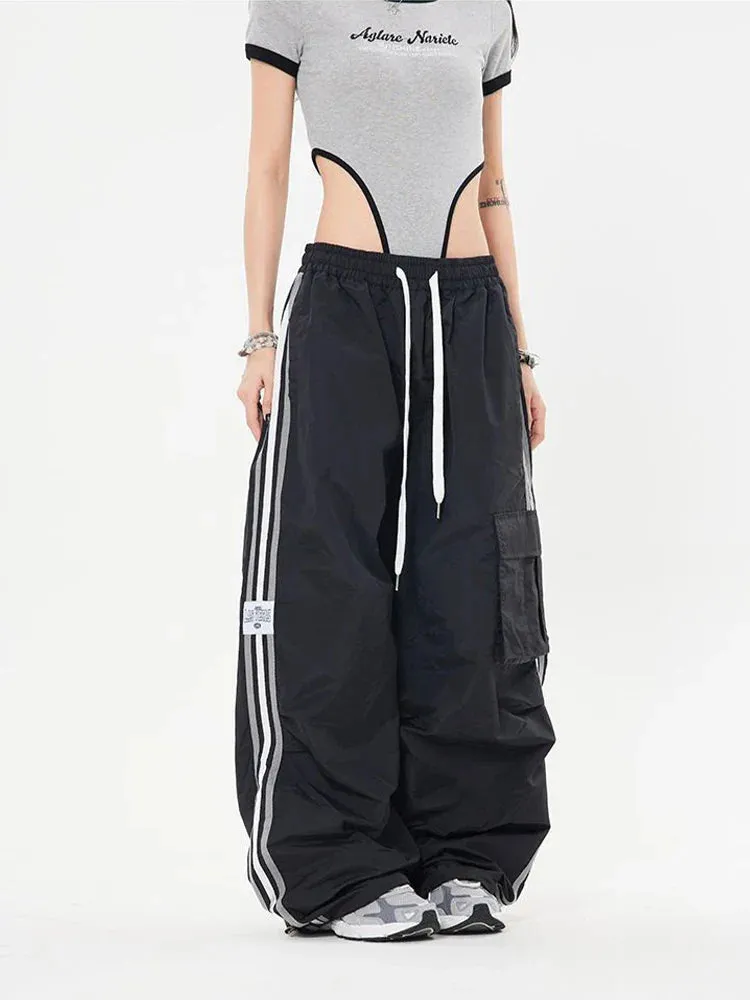 Bonnyshow 1 Y2K Kpop Cargo Pant Women Drawstring Pockets Wide Leg Chic Punk Pants Baggy Striped Sports Sweatpants Parachute Jogger Trousers