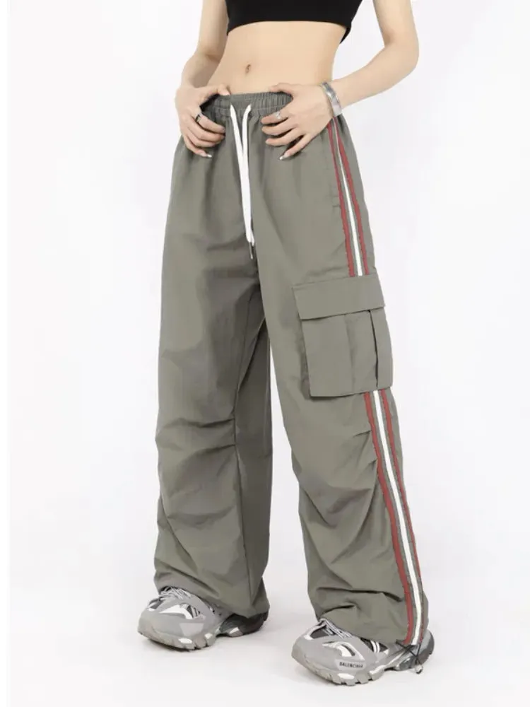 Bonnyshow 1 Y2K Kpop Cargo Pant Women Drawstring Pockets Wide Leg Chic Punk Pants Baggy Striped Sports Sweatpants Parachute Jogger Trousers