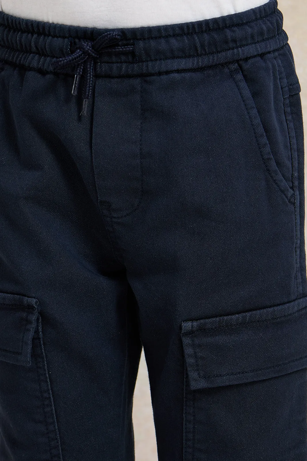 Boys Navy Knitted Denim Cargo Pocket Jogger