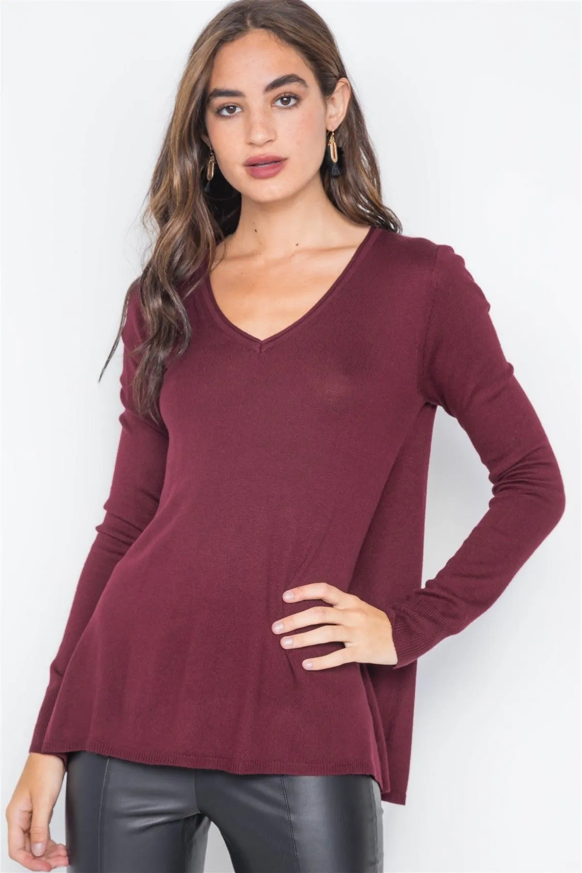 Burgundy Long Sleeve Knit Casual V-Neck Solid Sweater