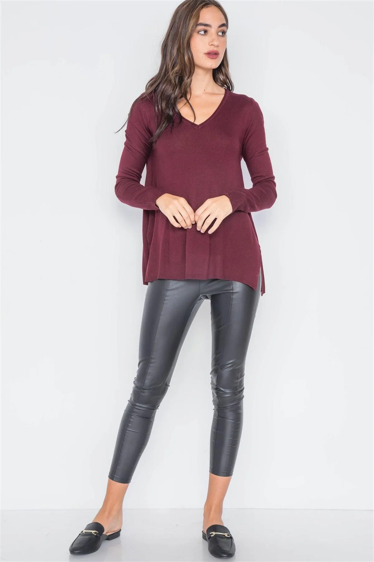 Burgundy Long Sleeve Knit Casual V-Neck Solid Sweater