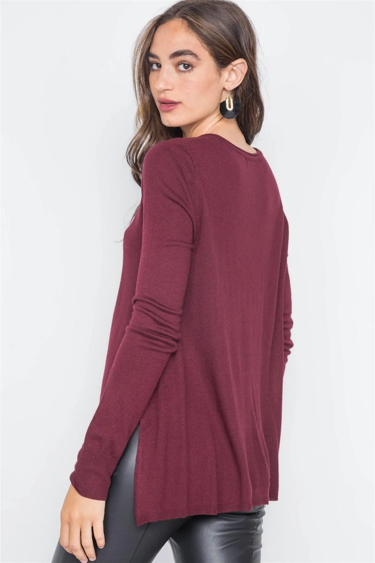 Burgundy Long Sleeve Knit Casual V-Neck Solid Sweater