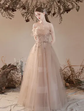 Champagne Tulle Long Prom Dress, Champagne A line Formal Dresses