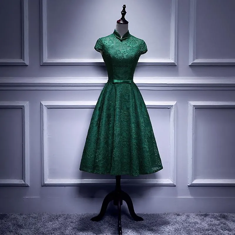 Charming Dark Green Tea Length High Neckline Party Dress, Wedding Party Dress