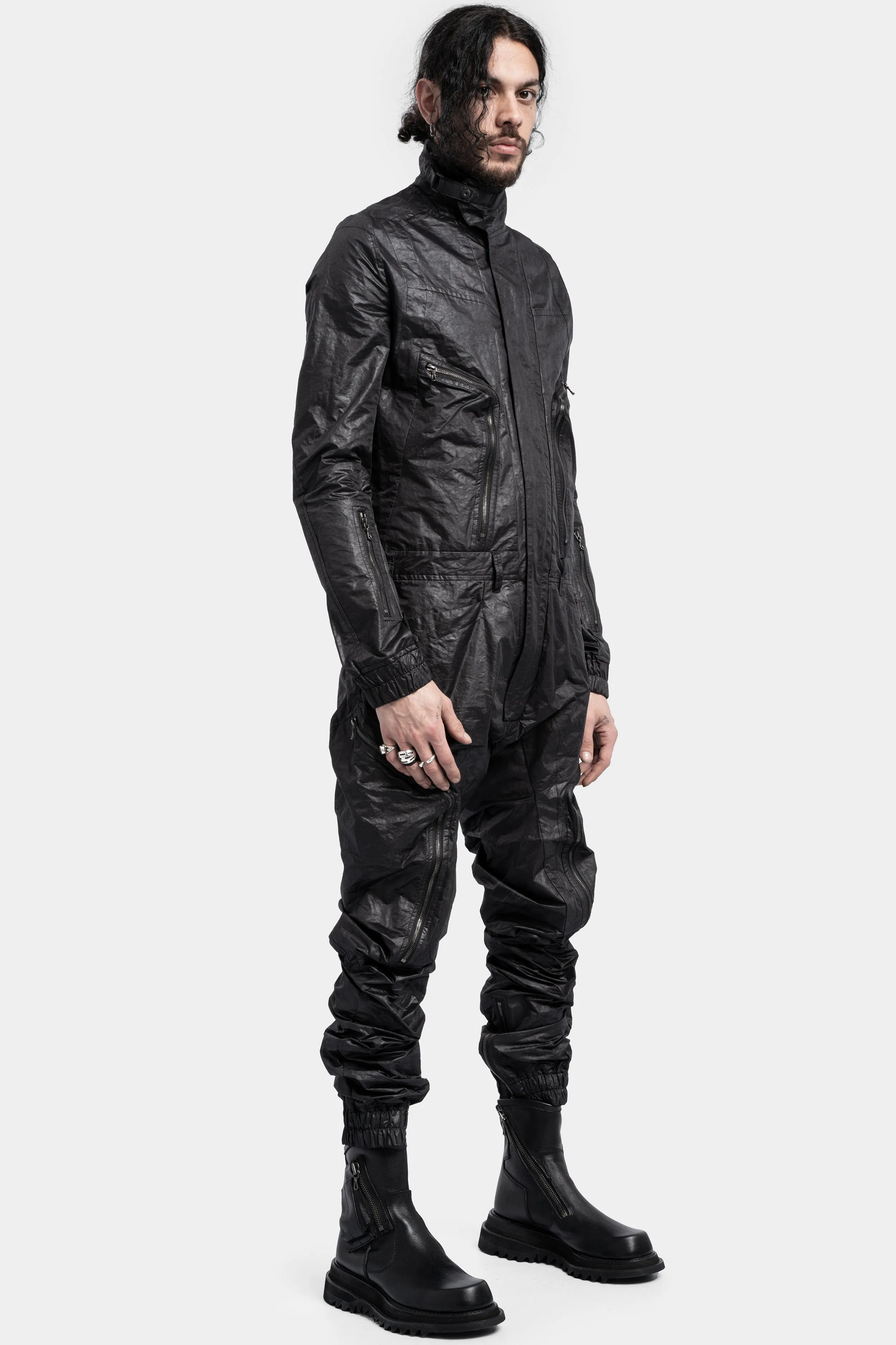 Coated high neck worker jumpsuit