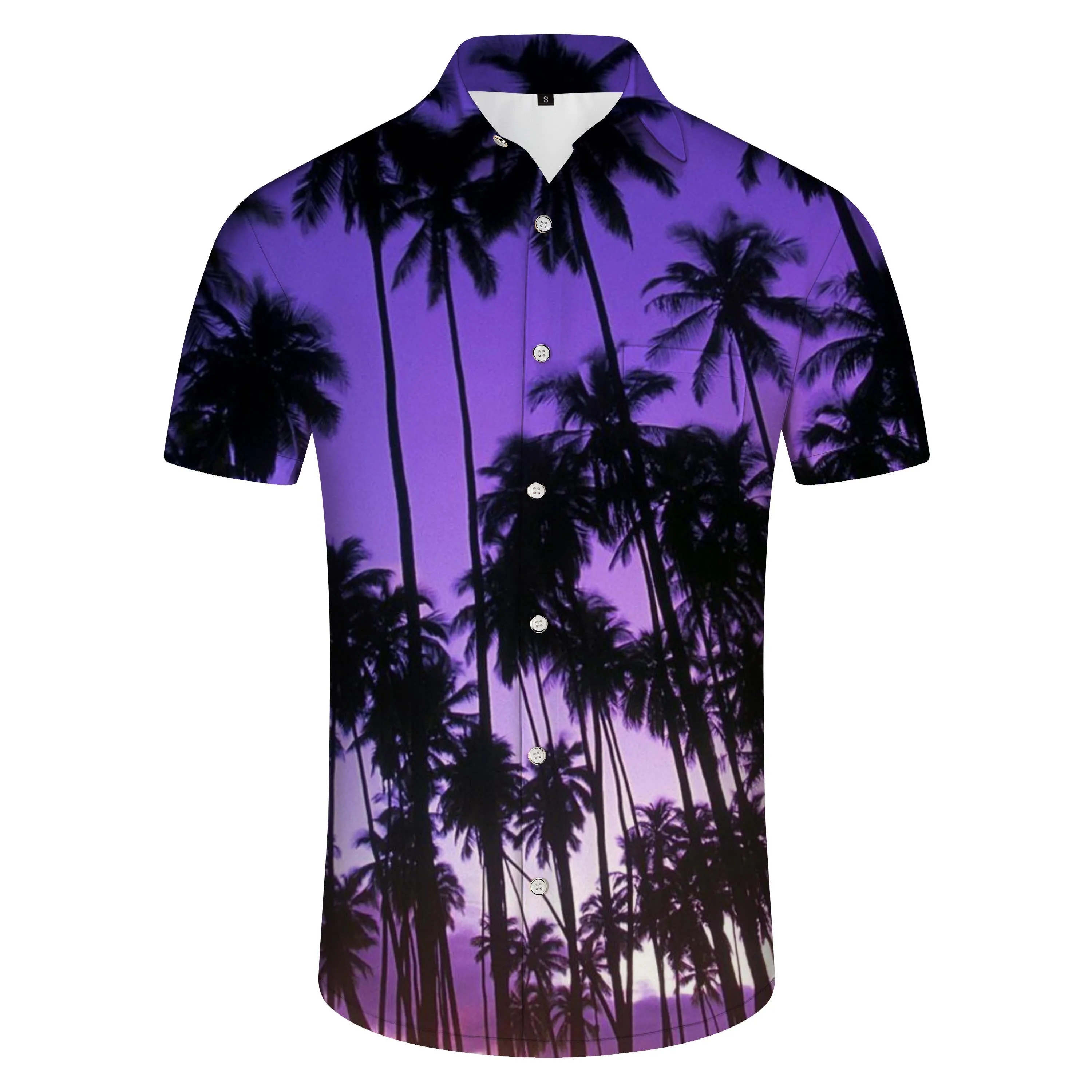 Coconut Tree Purple Youth Short Sleeve Casual Hawaiian Tropical Fun Button Lapel Men's Short Sleeve Shirt Beach Vacation Night