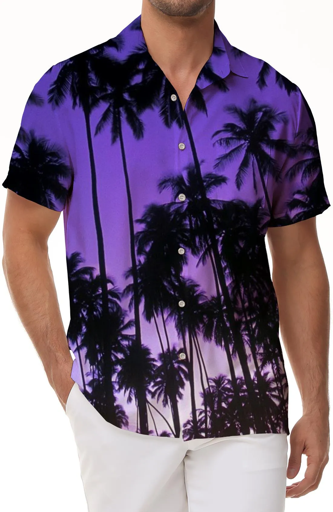 Coconut Tree Purple Youth Short Sleeve Casual Hawaiian Tropical Fun Button Lapel Men's Short Sleeve Shirt Beach Vacation Night