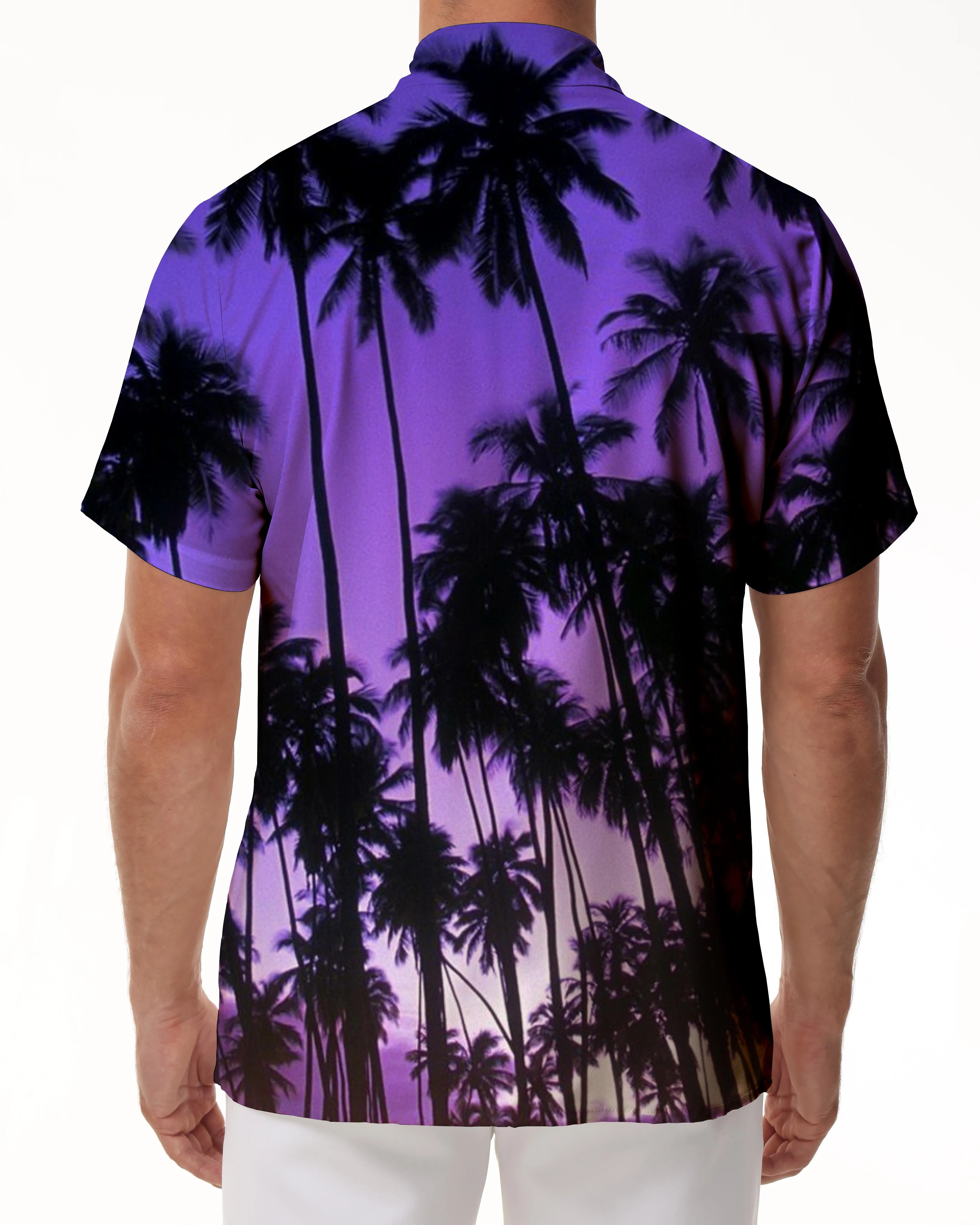 Coconut Tree Purple Youth Short Sleeve Casual Hawaiian Tropical Fun Button Lapel Men's Short Sleeve Shirt Beach Vacation Night