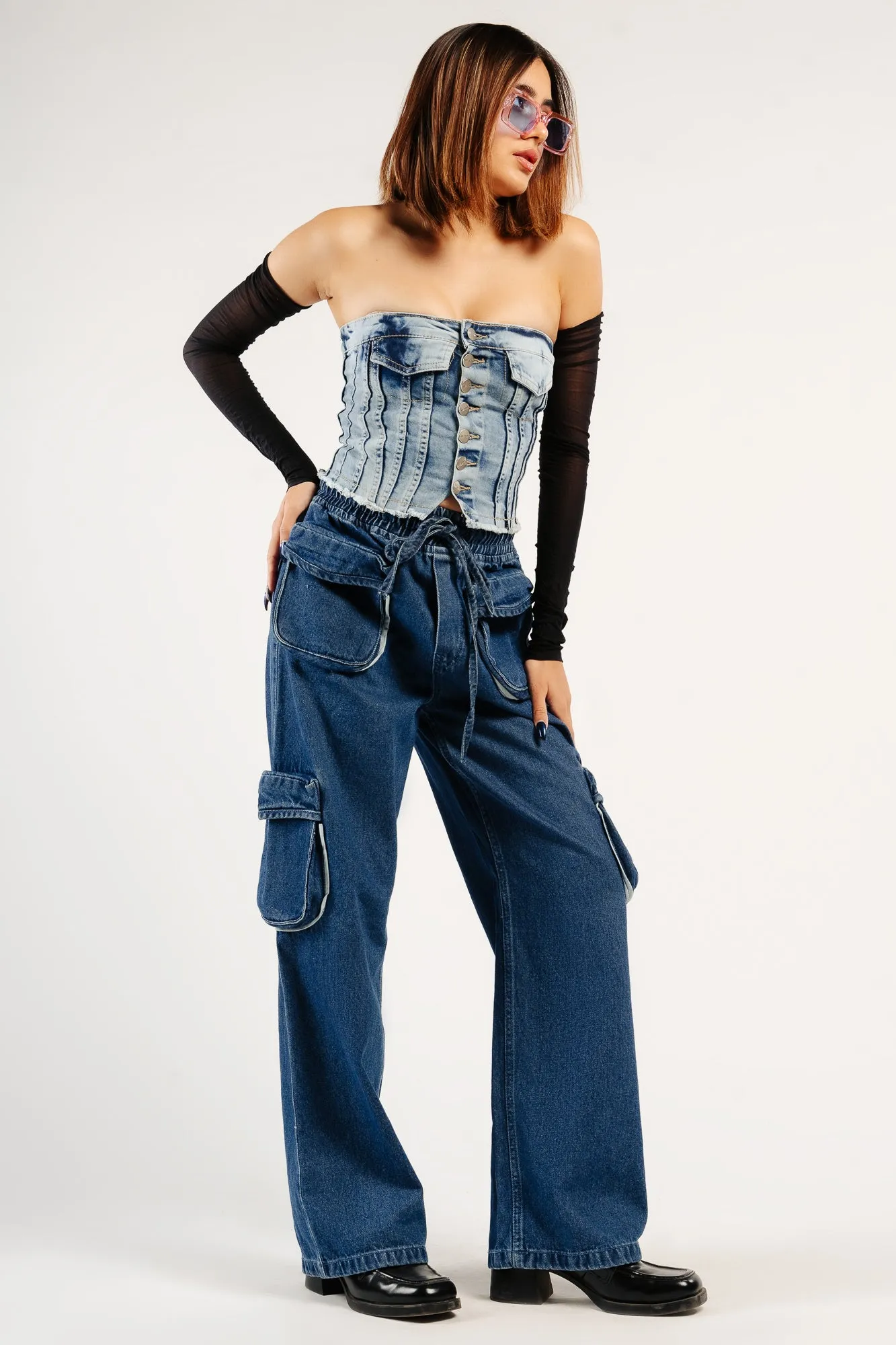 Denim Contrast Piping Cargo Pants