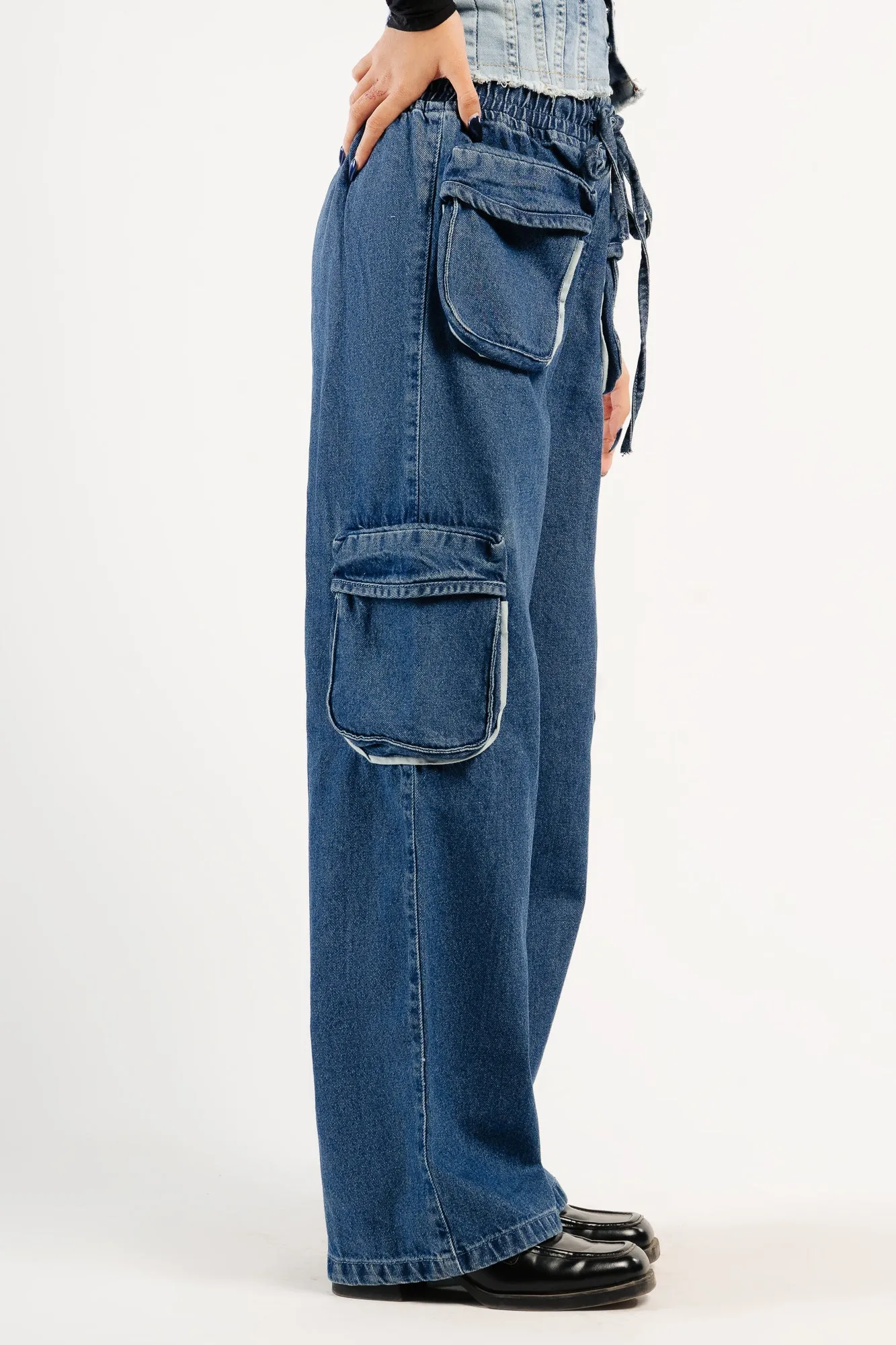 Denim Contrast Piping Cargo Pants