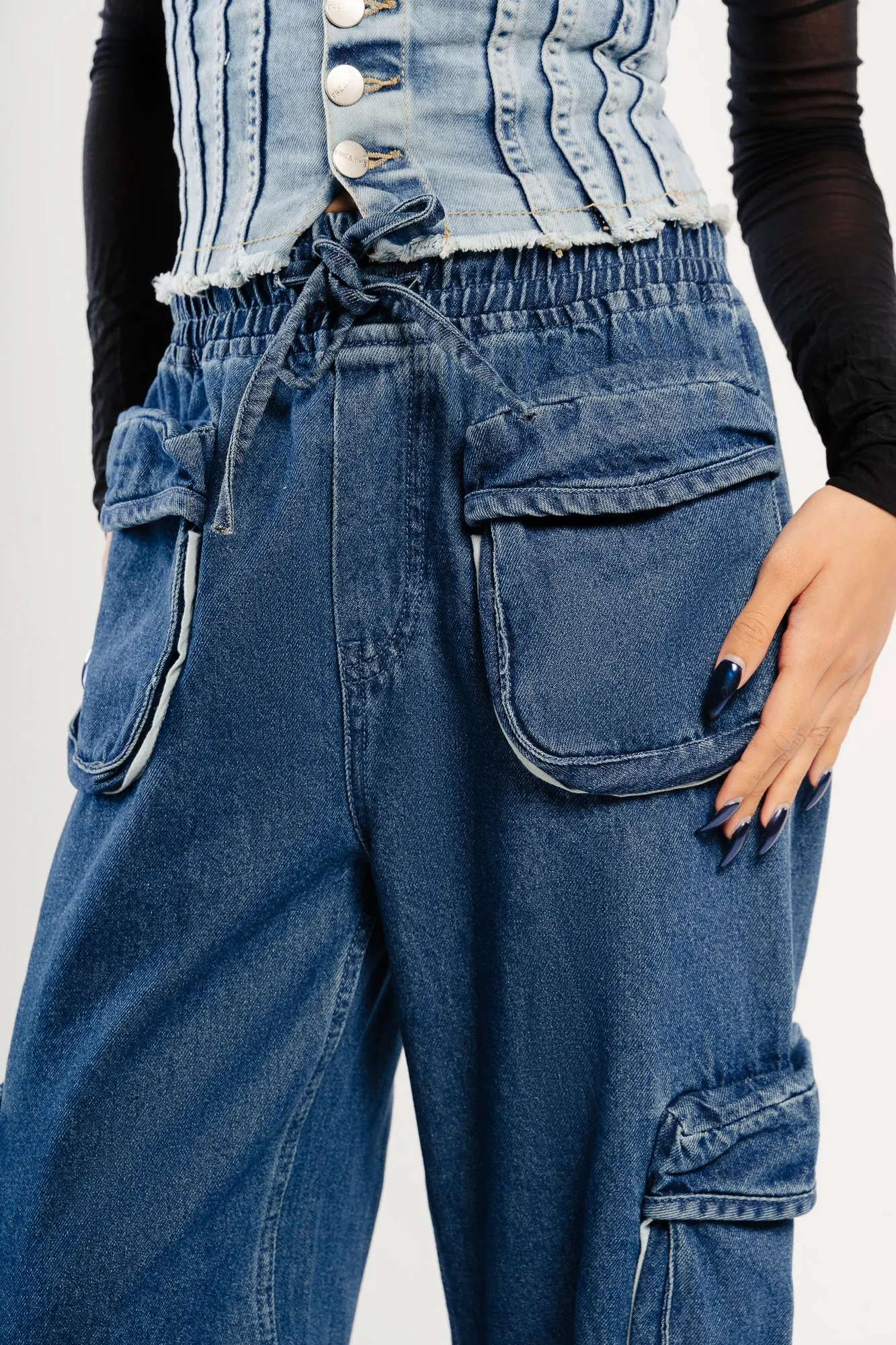 Denim Contrast Piping Cargo Pants