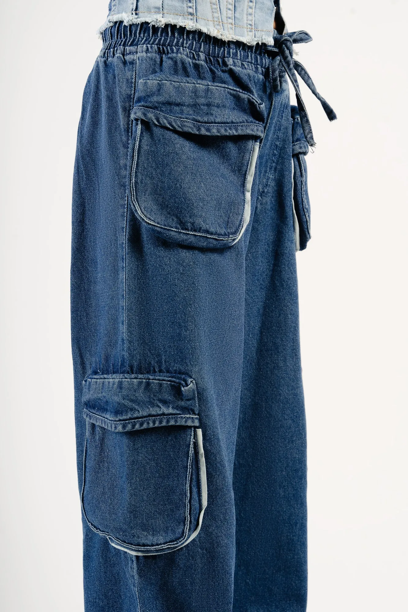 Denim Contrast Piping Cargo Pants