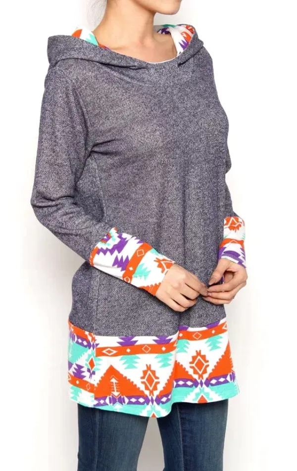 Denium Blue Aztec Trimmed Hoodie