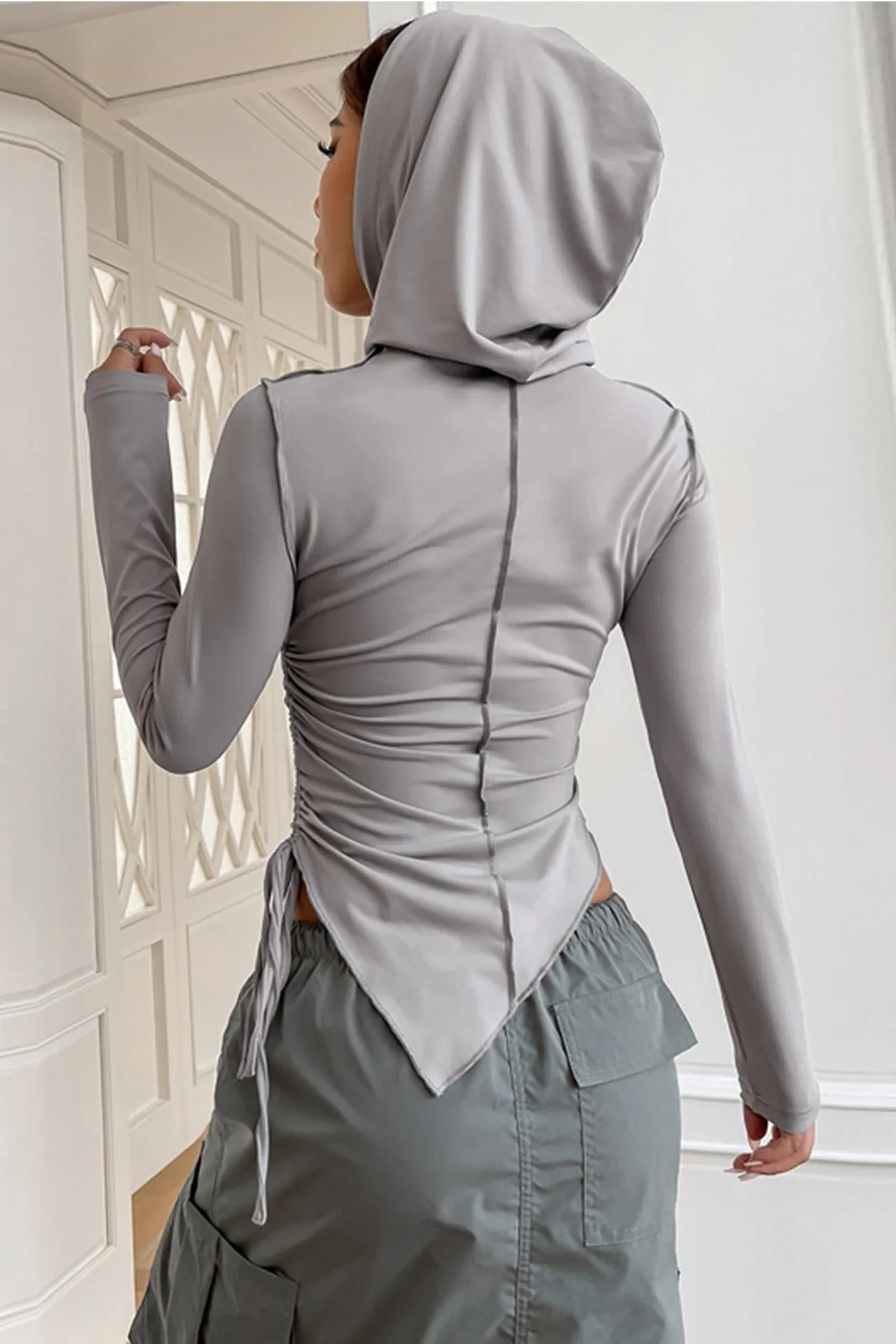 Drawstring Irregular Hem Hoodie