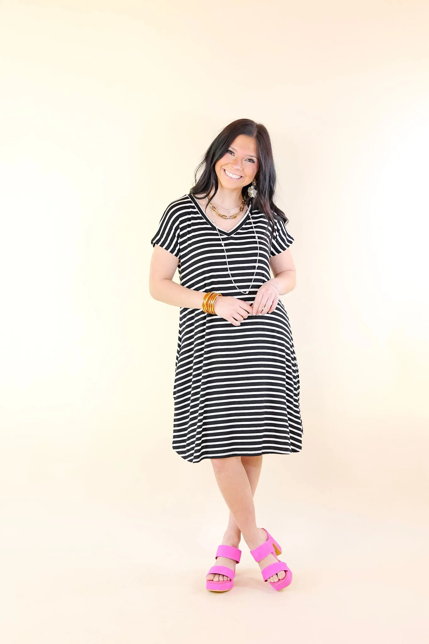 Effortless Moments Striped Short Sleeve Tee Shirt Dress in Black