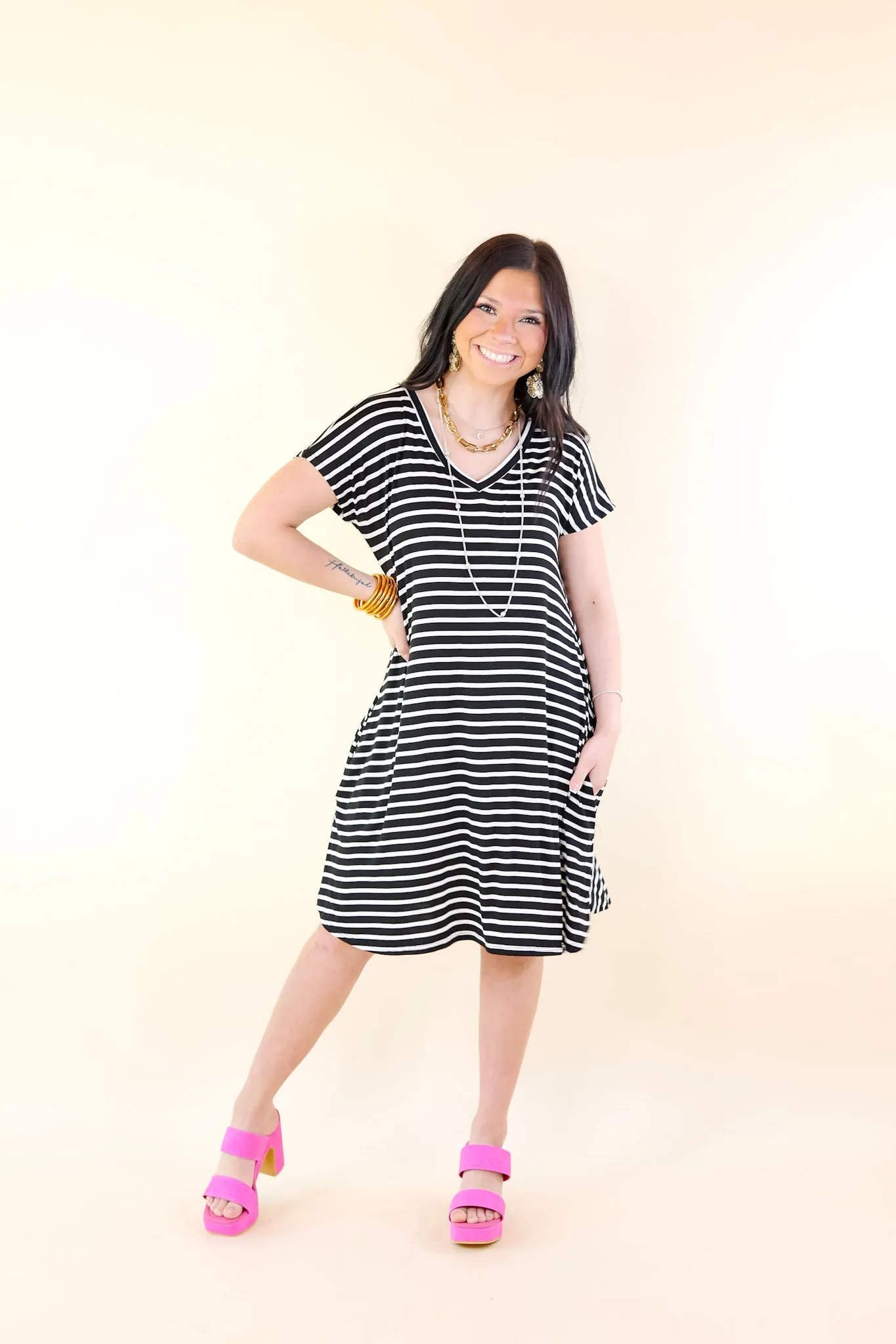 Effortless Moments Striped Short Sleeve Tee Shirt Dress in Black