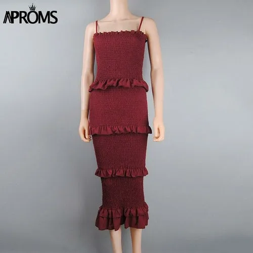 Elegant Solid Color Spaghetti Strap Midi Dress Women Summer Sexy