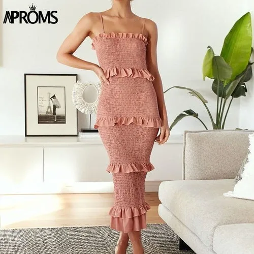 Elegant Solid Color Spaghetti Strap Midi Dress Women Summer Sexy