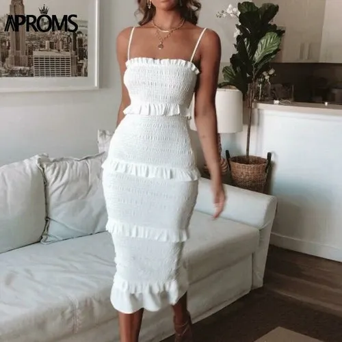 Elegant Solid Color Spaghetti Strap Midi Dress Women Summer Sexy