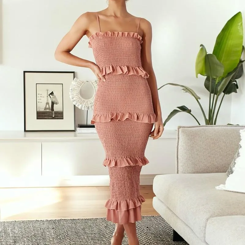 Elegant Solid Color Spaghetti Strap Midi Dress Women Summer Sexy