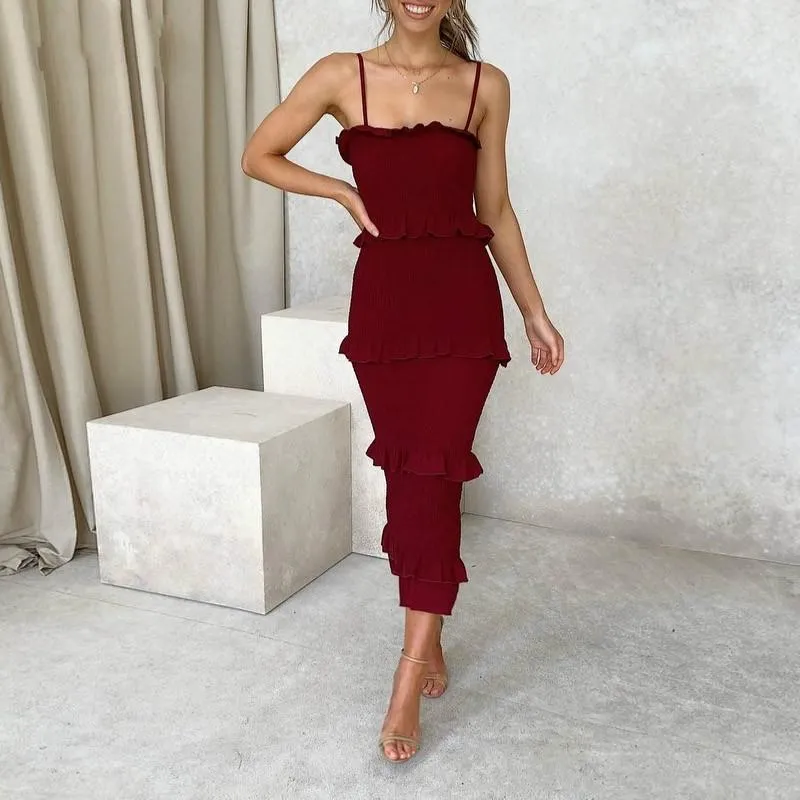 Elegant Solid Color Spaghetti Strap Midi Dress Women Summer Sexy