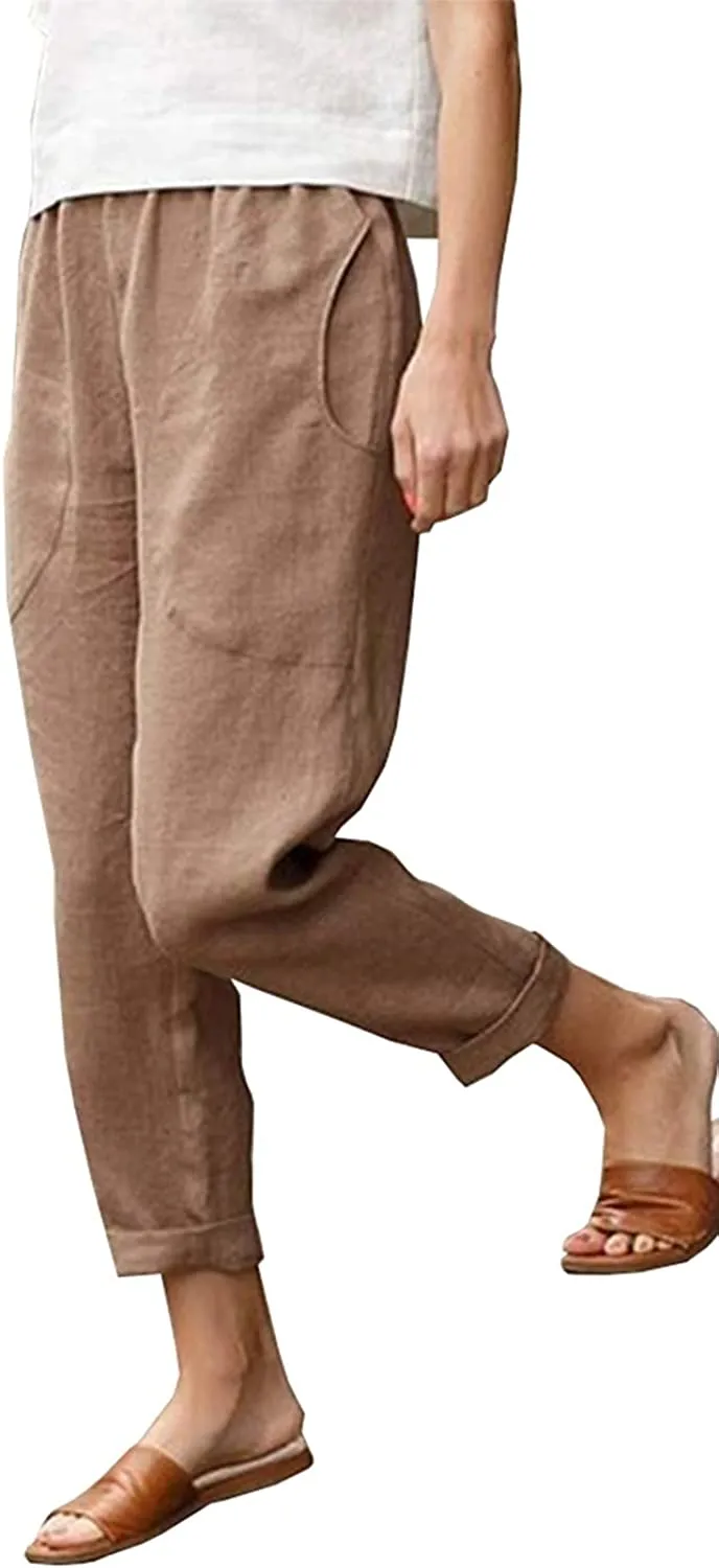 FashionSierra - Casual Cotton Tapered Capri Cargo Pants Loose Elastic Waist Ankle Cropped Trouser