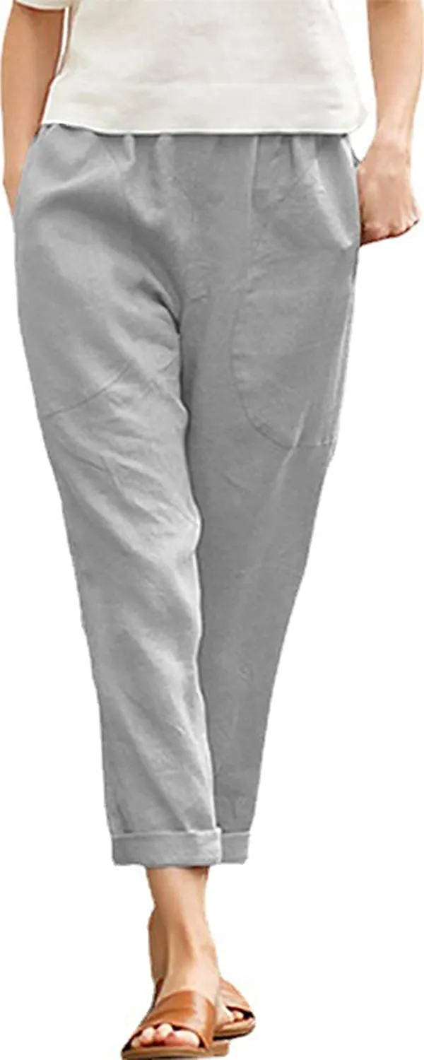 FashionSierra - Casual Cotton Tapered Capri Cargo Pants Loose Elastic Waist Ankle Cropped Trouser