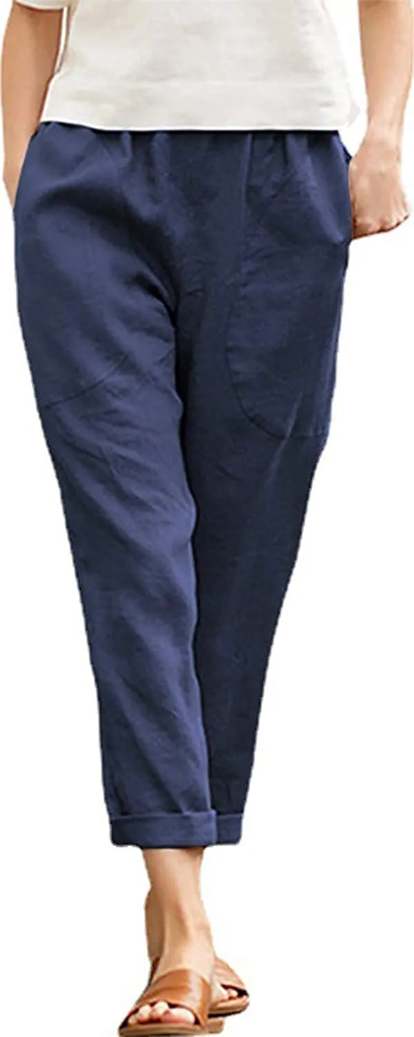 FashionSierra - Casual Cotton Tapered Capri Cargo Pants Loose Elastic Waist Ankle Cropped Trouser