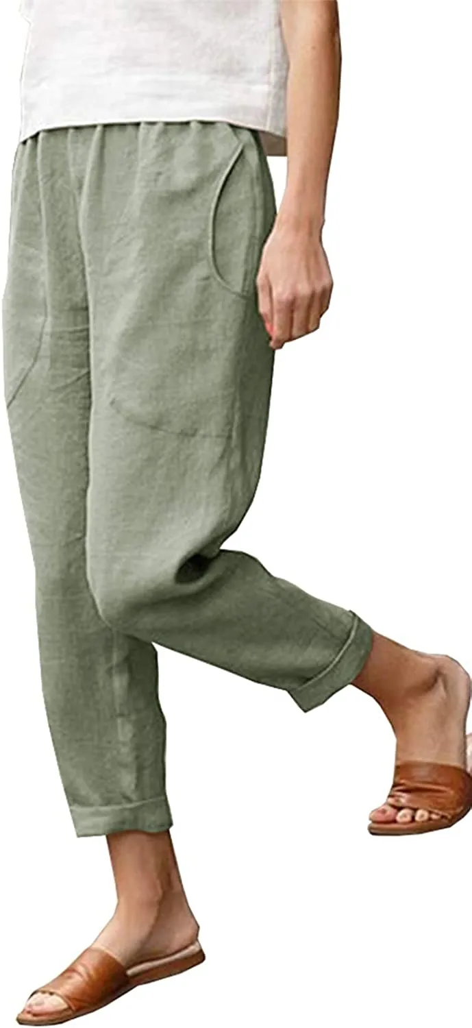 FashionSierra - Casual Cotton Tapered Capri Cargo Pants Loose Elastic Waist Ankle Cropped Trouser